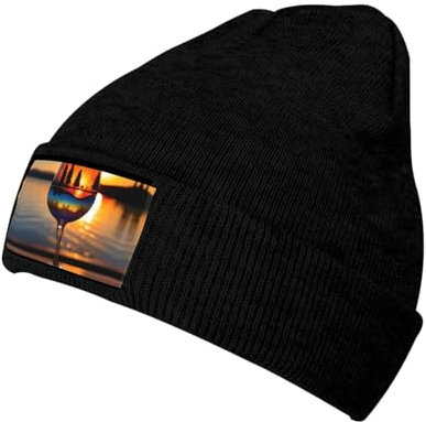 Gorro de invierno unisex de punto para hombres y mujeres, accesorio esencial versátil para temporada fría, atardecer, copa de vino, Negro -, talla única