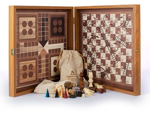 Manopoulos - Classic 4 in 1 Combo Games Set in Walnut replica wooden case – Chess, Backgammon, Ludo & Snakes and Ladders – 13-inch x 13 inches (34cm x 34cm) – Classic Strategy Board Games