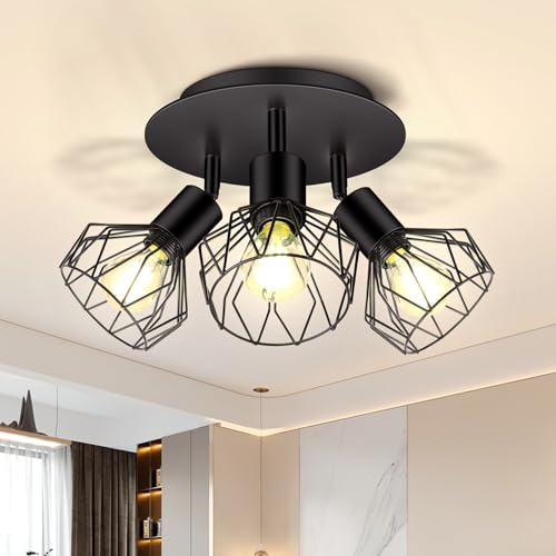 CANMEIJIA Black 3-Way LED Ceiling Light E14 Spot Fitting Rotatable Base | Features 3 adjustable wire cage spotlight heads with 350-degree rotation to direct focused light where needed in home rooms
