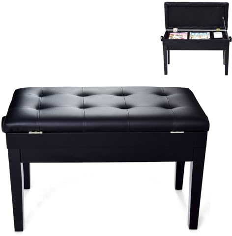 Maxmass Wooden Piano Bench, Height Adjustable Piano Stool with Hidden Storage Compartment, Padded Cushion and Rubber Foot Pads, PU Leather Piano Keyboard Bench for Adults Kids