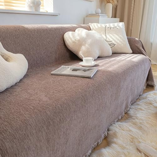 Ayoiow Sofabezug Sofahusse Braun Sofahusse 2Sitzer Chenille Einfarbig Mit Quasten