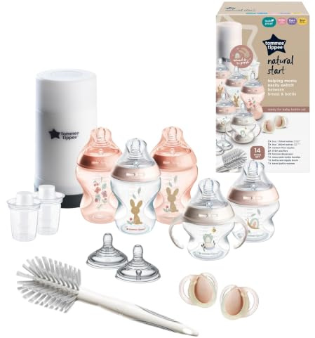 Tommee Tippee Natural Start 14 Piece Baby Bottle Warmer and Pacifier Set, 5 BPA Free Bottles, 0+ Months, 2 Newborn Pacifiers, 2 Extra Nipples, 2 Formula Dispensers, Bottle Brush, Pink
