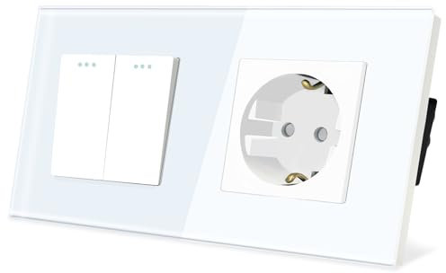 TAWOIA Lichtschalter mit Steckdose 2 Fach 1 Weg Glas Platte Unterputz Taste Schalter mit Schuko Steckdose 16 Amp 86 * 157mm Weiß Wechselschalter
