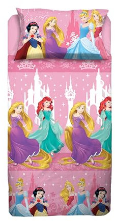Princess, Parure de lit 100% Coton, pour lit carré et Demi Disney, Drap Plat, taie d'oreiller, Rose, Disney, 100% Coton, Produit Officiel