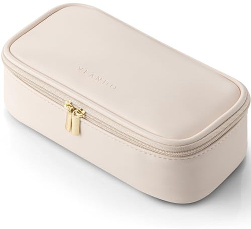 Vlando Reise Kosmetiktasche, Make Up Tasche Damen, Tragbare Cosmetic Bag Organizer, Multifunktionale Schminktasche Damen aus wasserdichte Leder,Beige