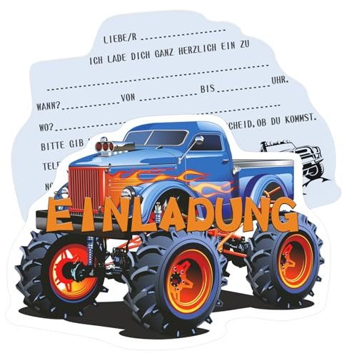 LYNSAN 12x Einladungskarten Kindergeburtstag, Einladungskarten Geburtstag Junge, Monstertruck Einladungen für Jungs und Mädchen Kinder, Kindergeburtstagseinladungskarten FüR Geburtstags-Partyeinladung