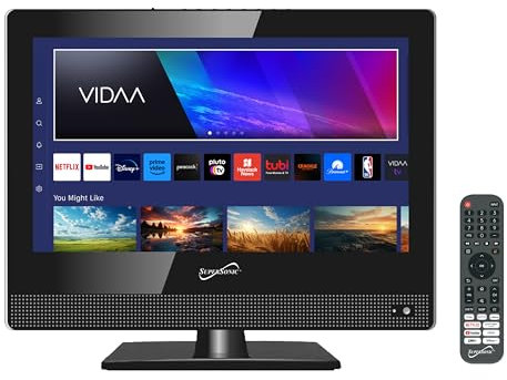 Supersonic SC-1520VTV Smart TV LED AC/DC da 15,6, alimentato da VIDAA, 1080p, WiFi, altoparlanti integrati, USB, 3X HDMI ARC, per cucina, camper, barca, camion, sala giochi, camera da letto,