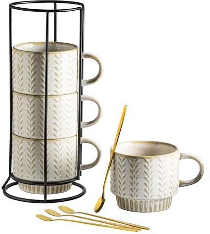 Miamolo Coffee Mugs Set of 4 with Spoons & Stand, Stacking Save the Space | Stackable, Ceramic, 13oz Coffee Mug, for Drinks Latte Cappuccino Tea, for Housewarming Birthday Gift, Dishwasher Safe