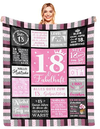 YESTUTI Geschenke zum 18 Geburtstag Mädchen, Deko 18. Geburtstag Mädchen Tochter, Endlich 18 Lustige Geburtstageschenke, Decke 150x130CM