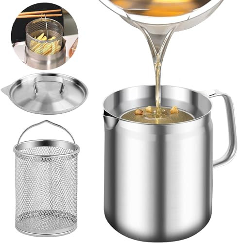 Oil Strainer Pot, 2L 3 in 1 Oil Strainer Pot, 304 Stainless Steel Oil Filter Pot with Filter Basket, Mesh, Grease Container with Handle, Dust-Proof Lid and Non-slip Tray, Cooking Oil Filter for Frying