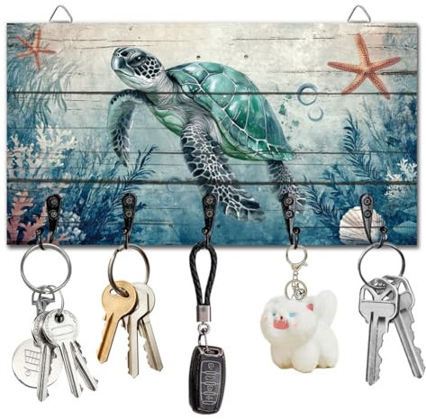 DELORIGIN Soporte para llaves con diseño de tortuga marina y océano, organizador para colgar en la pared, tablero de llaves de madera, con 5 ganchos para llaves, decoración de pared
