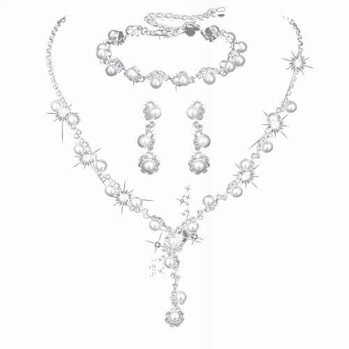 TOEECY 3 Stück Elegante Perlen Schmuckset Blumen Halskette Armband Ohrringe Kristall Strass Brautschmuck Hochzeit Damenschmuck