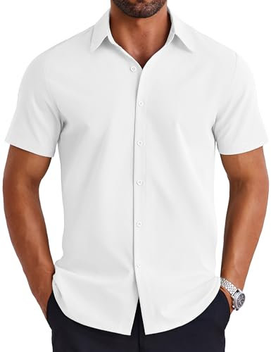 COOFANDY Short Sleeve Casual Shirt Formal Business Shirts for Men Summer Regular Fit Work Office White L