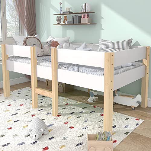 Huayz Bett Kinderbett mit Rausfallschutz, Kiefer-Vollholz-90x190 cm-Weiß & Eiche