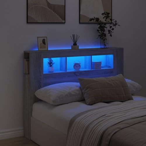 Myheimly LED Kopfteil, Bettkopfteil mit LED-Leuchten, Betthaupt mit Ablagen, Bettzubehör Schlafzimmer,Holzwerkstoff Grau Sonoma,140 x 103.5 cm