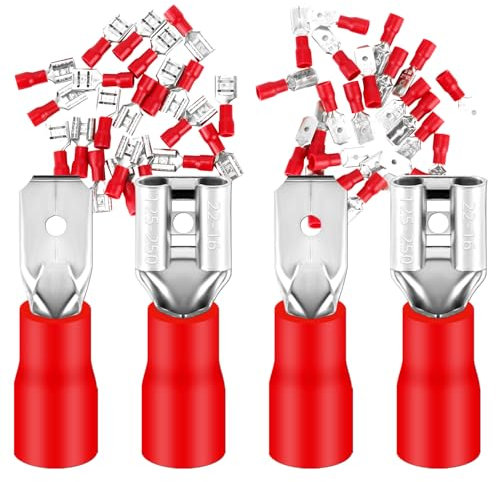 50 x Flachsteckhülsen und Flachstecker 0,5-1,5 mm² rot/Steckbreite 6,35 mm Teilisoliert PVC männlicher Steckverbinder FDD & MDD Kabel-Verbinder aus Messing verzinnt