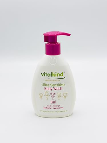 vitalkind Ultra Sensitive Body Wash Girl 200 ml – Fragrance-Free Shower Gel for Sensitive Skin – With Organic Aloe Vera & Apricot Kernel Oil – pH 5.5 – Natural Body Care for Girls