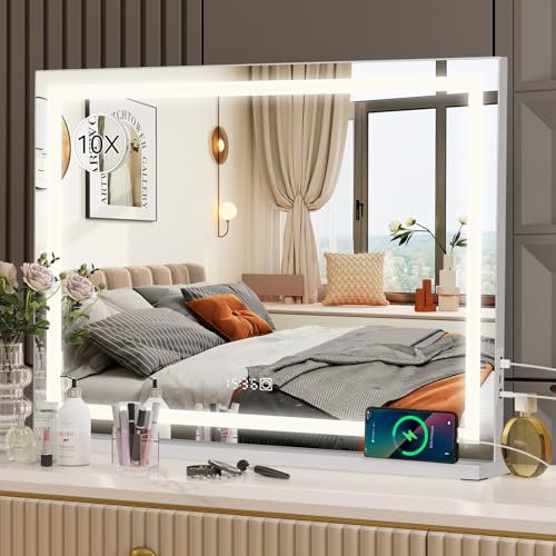 eklipt Hollywood Schminkspiegel mit Beleuchtung 80x56, Spiegel mit Beleuchtung Tischspiegel mit 3 Farbtemperatur Touch Schalter USB und Type-C 10x Vergrößerung Zeit und Temperaturanzeige Wandspiegel