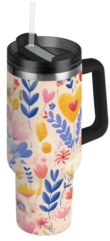 Amooorous Botella de agua reutilizable al vacío de 40 onzas con pajilla, resistente a fugas, taza de café decorativa con tapa para agua, té helado o café, vasos para agua fria, 40 onzas