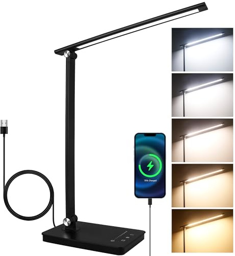 Akynite LED Desk Lamp Dimmable with USB C Port, 5 Color Changing 10 Brightness, 45Min Timer Touch Control LED Desk Light, Foldable Lamp for Reading Studying Bedside Table, Memory Function, Black