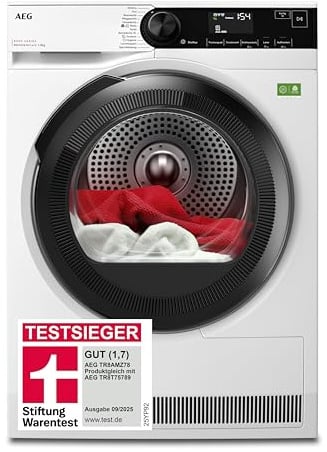 AEG Serie 8000 Wärmepumpentrockner Testsieger Stiftung Warentest, TR8AMZ78 | AbsoluteCare für Wolle, Seide u. Outdoor Kleidung, Baumwolle u. Synthetik ohne Vorsortieren, Hygieneprogr, Knitterschutz, 8kg