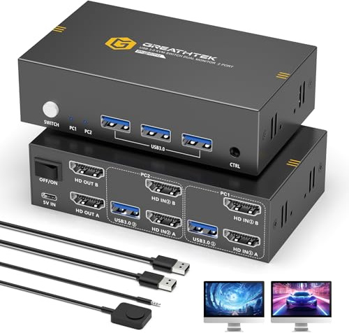 8K60Hz KVM Switch 2 PC 2 Monitore mit 4 USB 3.0 Ports, Extended & Copy Mode | Gemeinsame,Tastatur, Maus, Drucker,Desktop Controller. Gamer, Designer und Büroanwender mit Mehreren Rechnern,Mac, Windows