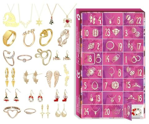 Adventskalender Schmuck 2025 – 24 Tage Weihnachts-Countdown mit Ohrringen, Halsketten und Ringen | Modischer Countdown-Kalender für Frauen, Mädchen, Teenager