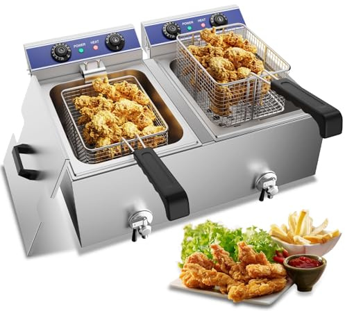 TAIMIKO Double Friteuse Electrique, Friteuse Professionnelle Commerciale en INOX 2 réservoir Professionnelle 6L*2 avec Robinet de Vidange,Minuterie de 60 minutes Friteuse Professionnelle 2500W*2