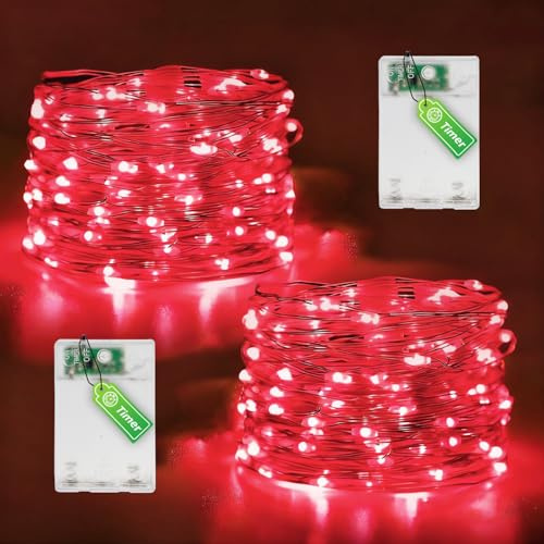 2 Stück LED Lichterkette Batterie Timer Rot, 5m Draht Lichterkette Innen für Weihnachten, Party