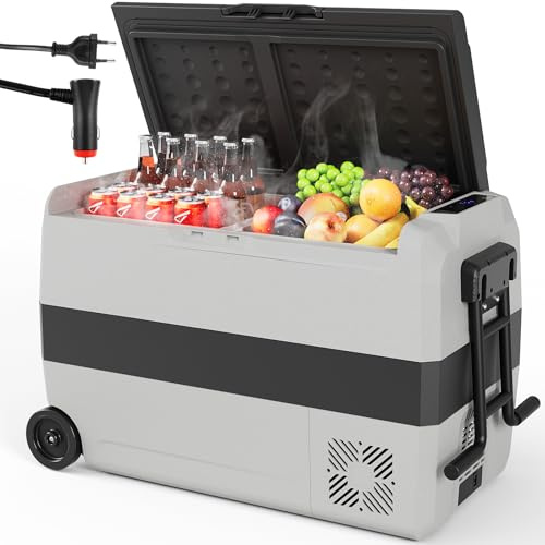 LIFERUN Refrigerador de Coche, Nevera Portátil Eléctrica de 44,5L con Luz LED y Ruedas, Modo MAX/Eco, Zonas de Temperatura Dual, -20°C~20°C, DC 12/24 V y AC 100-240 V, Nevera para Coche para Camping