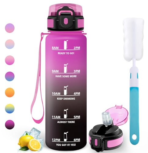 Motswedi Borraccia 1 litro, Bottiglia d'acqua Sportiva, a Prova di Perdite, Comprende 6 Paglie e 1 Spazzola di Spugna, Borraccia Palestra, Bottiglia Acqua 1l, per Palestra, Viaggi, Viola & Nero