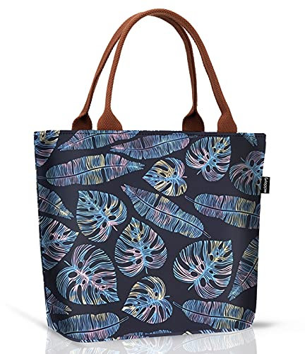 Gloppie Leakproof Lunch Bag for Women Insulated Lunch Tote Bag Durable Lunch Container 9L Perfect for Work Picnic Beach Travel, Yellow Blue Leaves