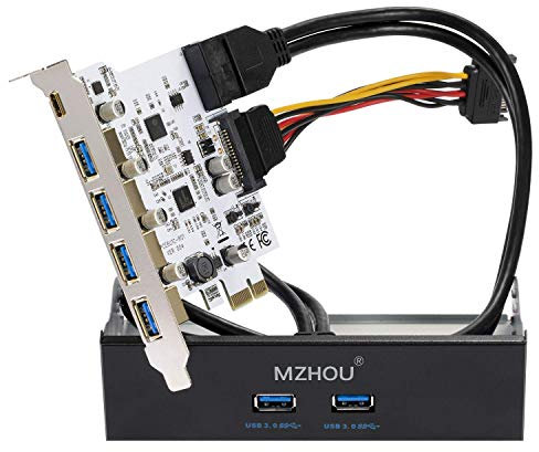 MZHOU USB3.2 GEN1 5Gbps Typ-C Front Erweiterungskarte, 5 USB 3.0 Front-Ports und USB3.0 Front 19PIN-Anschluss mit USB3.0 Dual Ports Floppy Drive Panel.