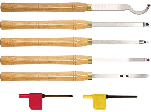 AT05 Hartmetallbestückte Holzdrehwerkzeuge Drehmaschine Set grober Detailer Finisher Schwanenhals Hohlscheitelwerkzeug mit Massivholzgriff und Diamant-Rundviereckigen Hartmetalleinsätzen, 5 Stück