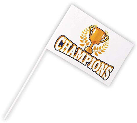Boland 44773 - Fahne Champions, Größe 17 x 25 x 40 cm, am Stick, Handfahne, mit Pokal, Gewinner, Siegerehrung, Sportfest, Cheerleader, Party