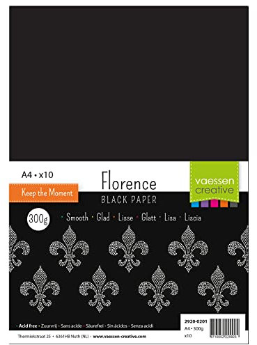 Florence 2920-0201 Fotokarton DIN A4, Schwarz, 300g/m², 10 Stück, Bastelpapier für Basteln, Scrapbooking, Handlettering, DIY-Crafts