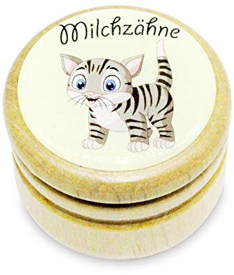 GICO Milchzahndose, Zahndose Milchzähne Bilderdose mit diversen Motiven aus Holz für Jungen und Mädchen mit Drehverschluss 44 mm (Katze)
