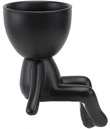 Angoily Keramik Kopf Pflanzer Topf Sitzen Menschliches Sukkulente Topf Kreative Mini Kaktus Blumentöpfe Home Tisch Dekoration (Schwarz)