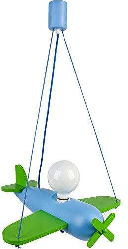 HELLUX Kinderzimmer Lampe Decke aus Holz | Deckenleuchten für Kinder | Kinderlampe Decke 70x42x41cm für Babyzimmer | Flugzeug Lampe E27 ohne Leuchtmittel (Grün/Himmelblau)