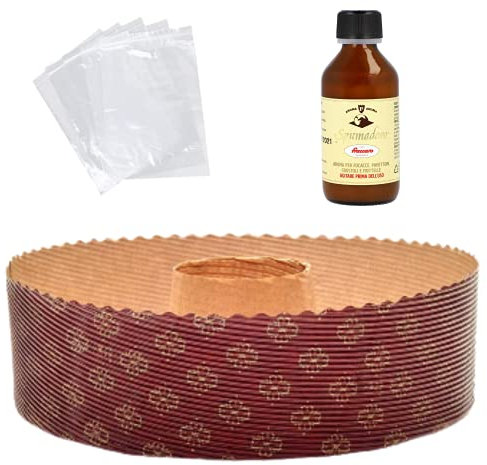 Kit Stampo per Ciambella (5pz x 400 gr) + Aroma per Colombe Fraccaro (1pz - 100 ml) + Sacchetto (5 pz), Stampi di Carta di Pura Cellulosa ideale per l’uso in Forno, resistente al calore 200°C