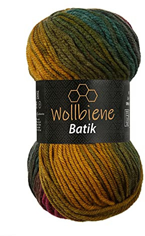 Wollbiene Batik Wolle mit Farbverlauf mehrfarbig 100g Multicolor Strickwolle Häkelwolle (5800 rot grün ocker)