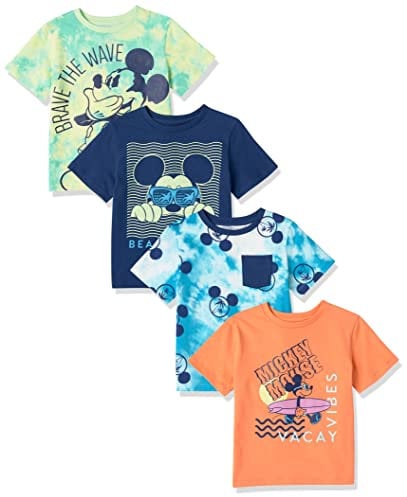 Amazon Essentials Disney | Marvel | Star Wars Boys' Short-Sleeve T-Shirts, Pack of 4, Mickey/Beach, 9 Years