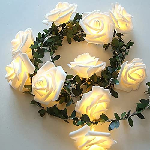 Rose guirlande lumineuse aux feuilles vertes,Runaup 9,8ft 20LED blanc chaud fleurs de rotin lumières féériques,alimenté par pile lumières décoratives pour Anniversaire fête mariage vacances