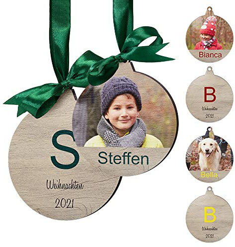 Personalisierte Holzanhänger Weihnachten - Christbaumkugel Weihnachtskugeln mit Foto Namen Text personalisiert - Weihnachtsbaum Deko aus Holz - Weihnachtsanhänger mit Bild