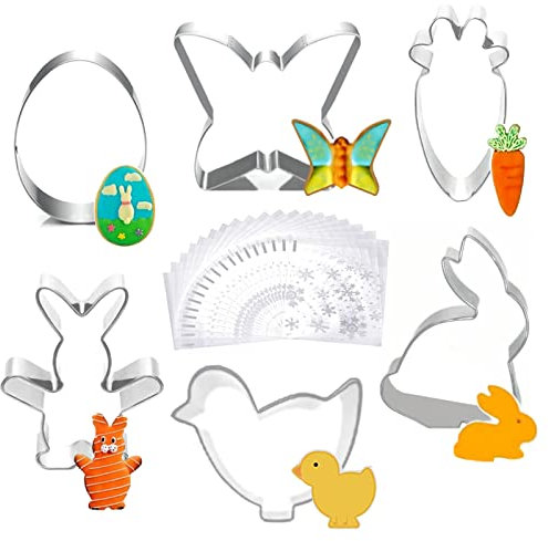 6 Stück Ausstechformen Ostern,Rostfreier Stahl Ausstecher Osternkeksausstecher Hase,Karotte,Küken, Ei, Schmetterling(Kommt mit 30 Kekstüten )