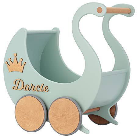 Puppenwagen ab 1 Jahr - Individuell mit Namen - Handgefertigter Puppenwagen - Holzpuppenwagen - Sicher Abgerundete Kanten - Ausdrucksstarke und Schöne Farben (Minze)
