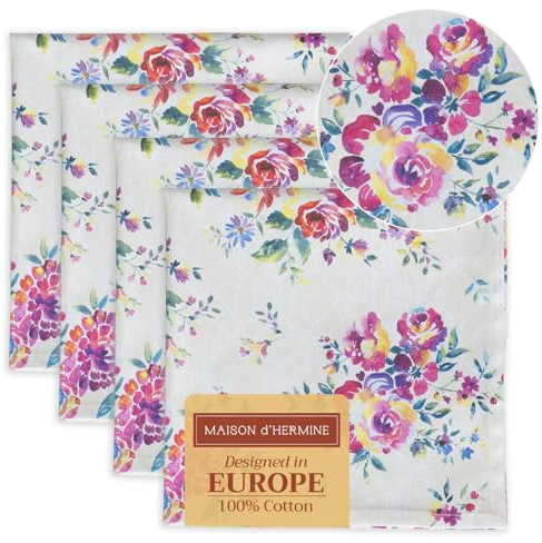 Maison d'Hermine Stoffservietten 100% Baumwolle (45 cm x 45cm, 4er-Set) | Wiederverwendbar, quadratisch, waschbar, ideal für Dinnerpartys, Hochzeiten und Frühjahr Sommer - Rose Garden