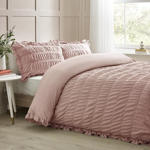 Catherine Lansfield Seersucker Frill Double Duvet Cover Set with Pillowcases Pink