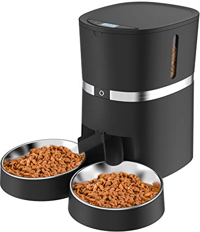 WellToBe Futterautomat für 2 Haustiere Katze und Hund, Automatischer Futterspender für Katze und Hund, Pet Feeder mit Timer, Ton-Aufnahmefunktion, bis zu 6 Mahlzeiten am Tag (Auto-Schwarz)