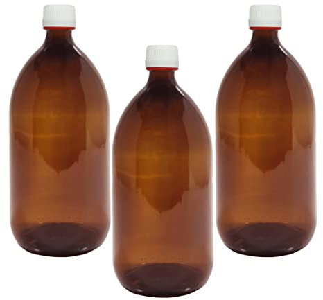 Super Net Cali Botella de vidrio ámbar de 1000 ml. Frasco de cristal cierre hermético con tapón a rosca y precinto apertura. 3 Unidades.